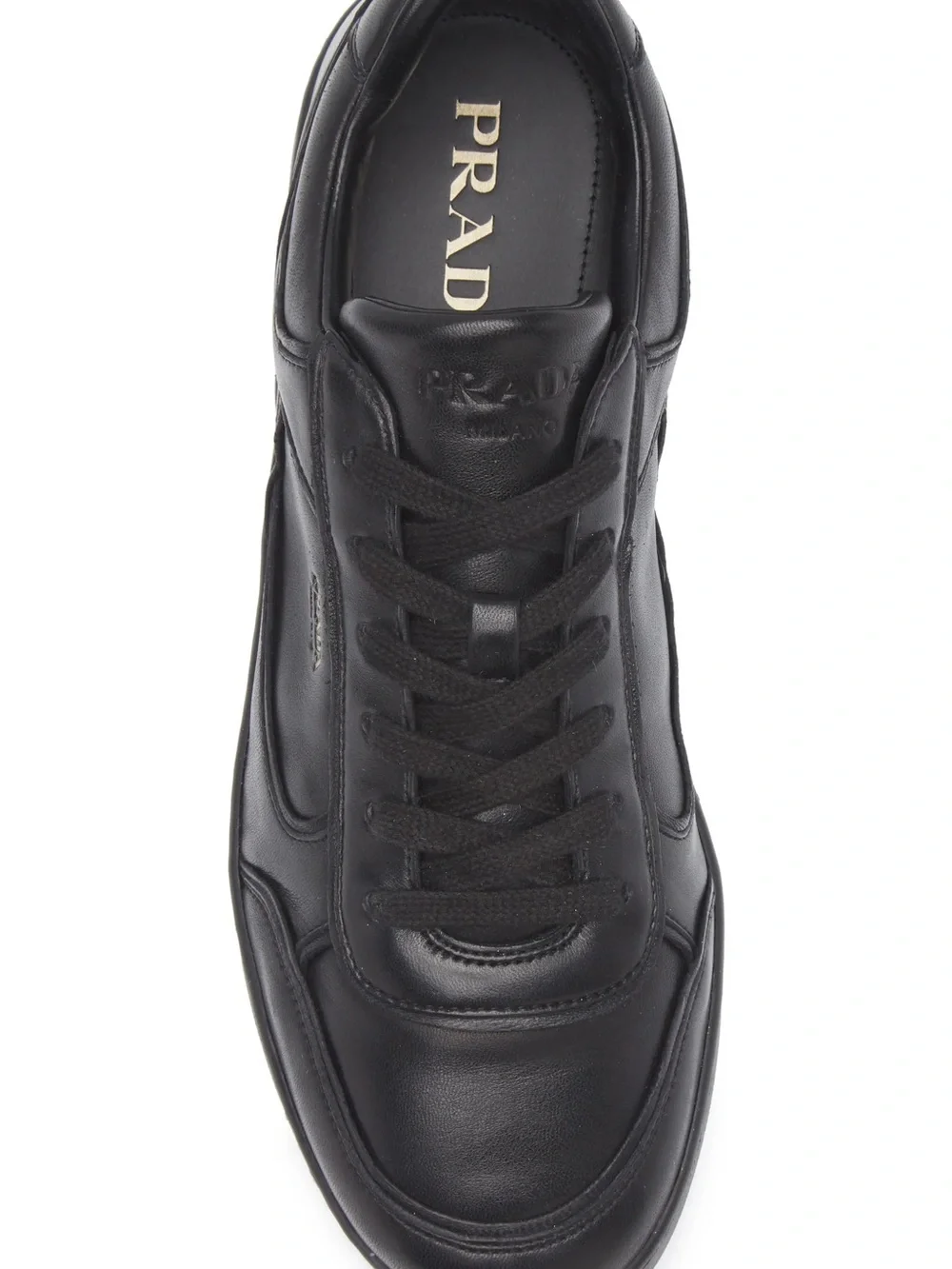 Prada Black Leather Low-Top Sneaker with Gold Logo